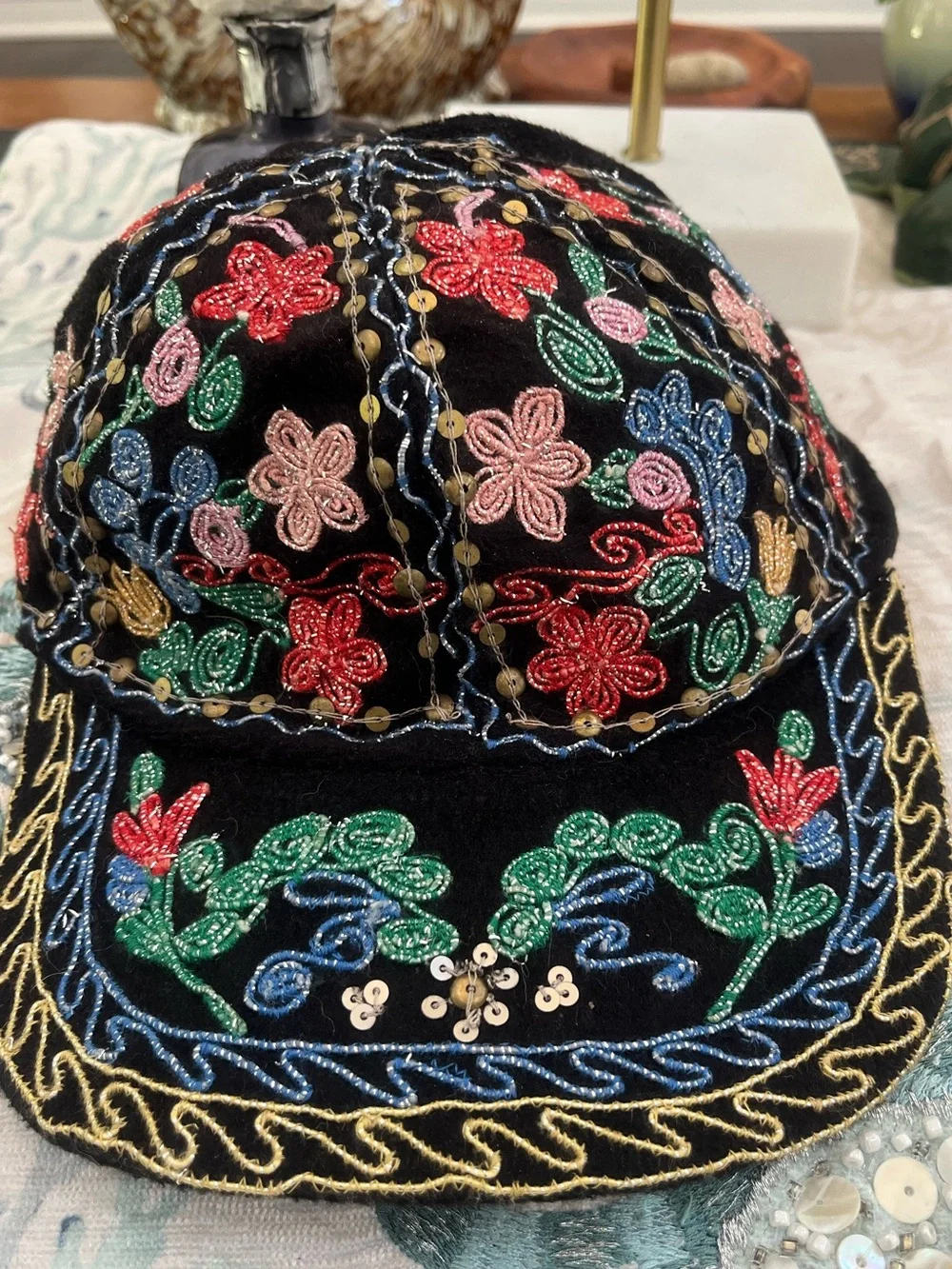 Brand New! Embroidered Floral Black Cap with Multicolor Beading